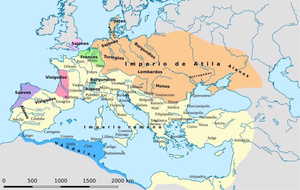 خريطة الإمبراطوريات المسيطرة على منطقة المتوسط وأوروپا سنة 450