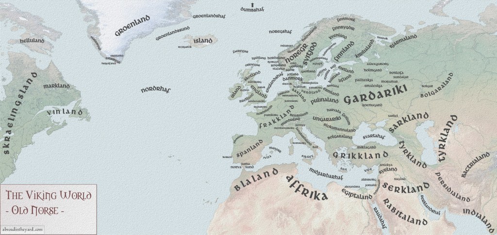 خريطة تُظهر أسماء البلاد التي عرفها الڤايكنگ بلغتهم النورسية القديمة